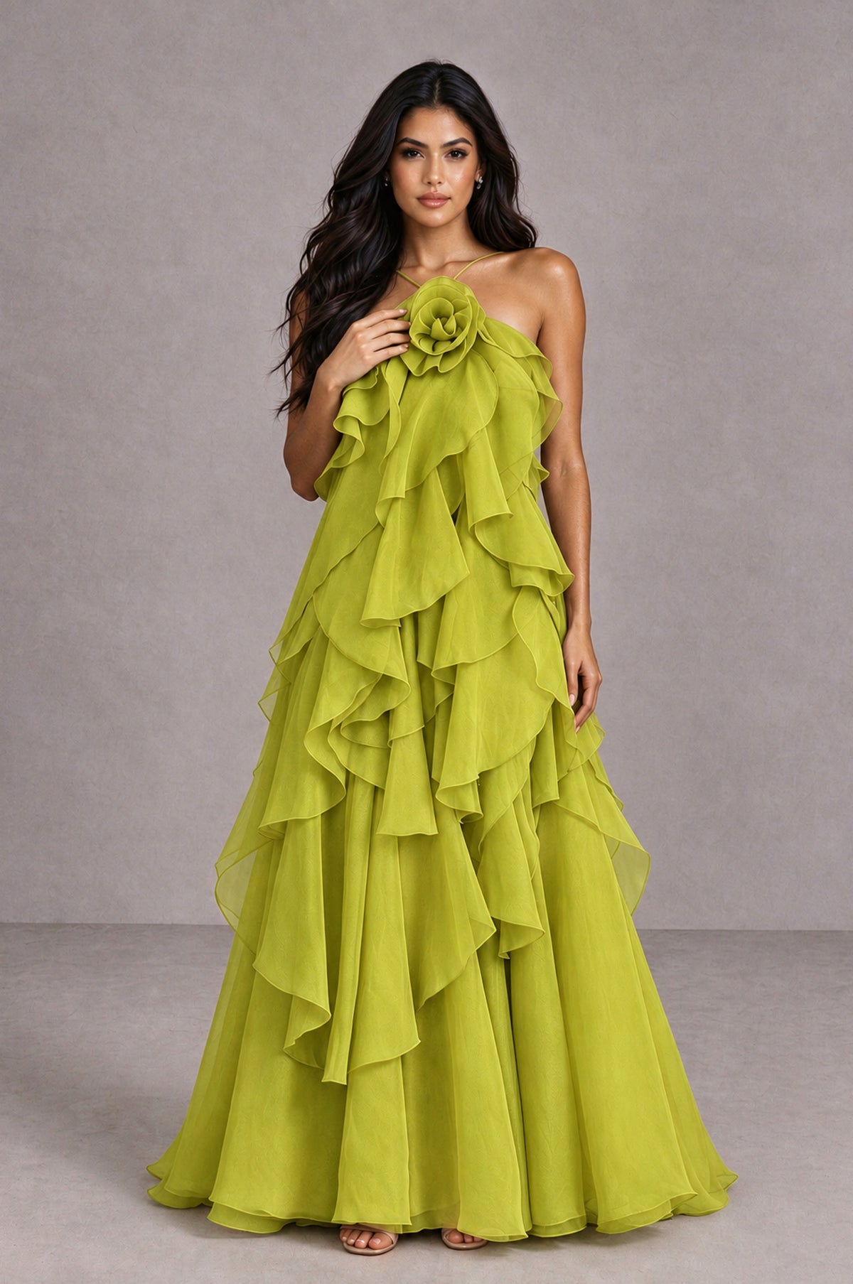 BOLODOO Chartreuse Cascading Ruffle Rosette Open-Back Maxi Dress - Chartreuse - Chartreuse_4