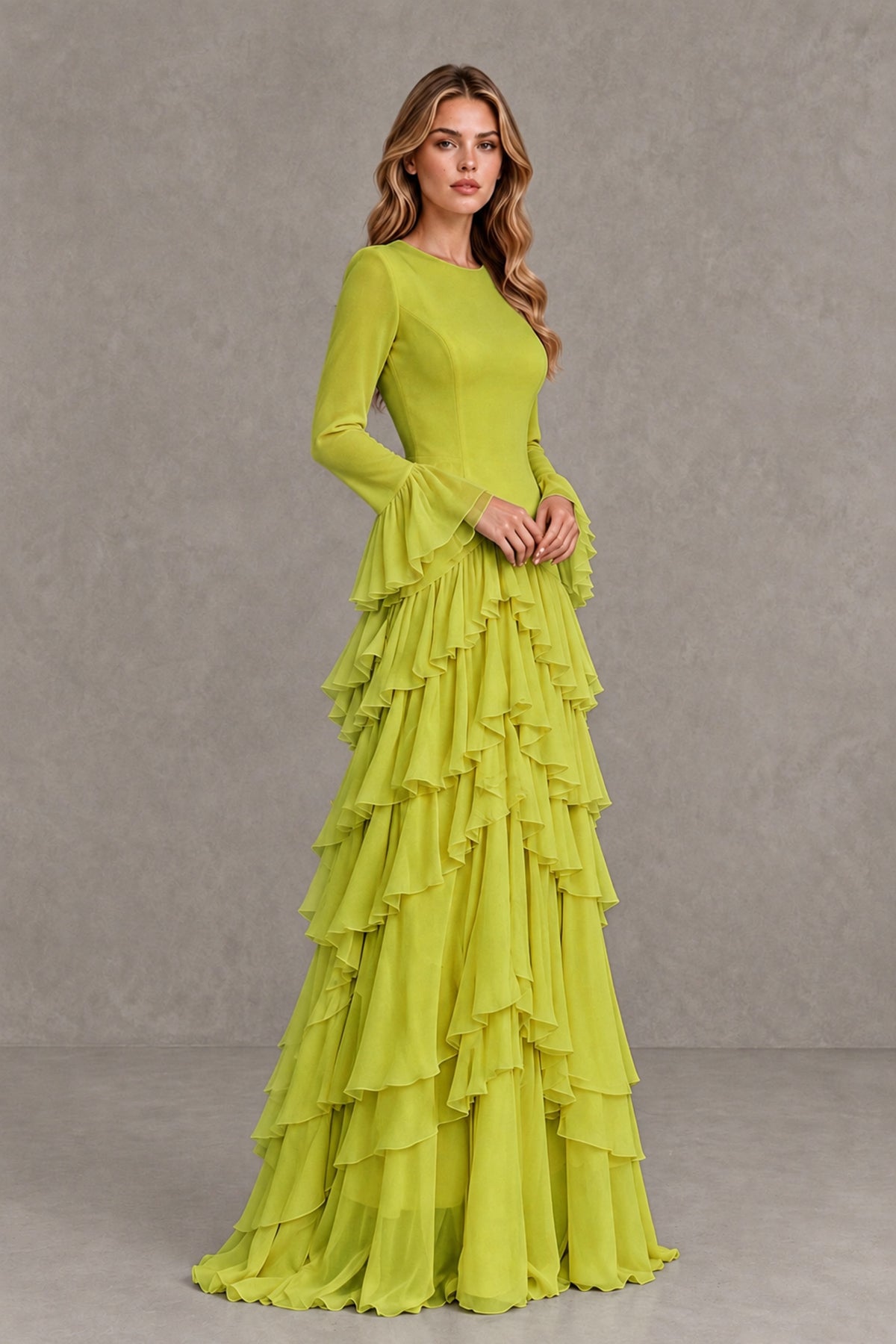 Chartreuse Long Sleeve Tiered Ruffle Evening Gown - Chartreuse - Chartreuse_4