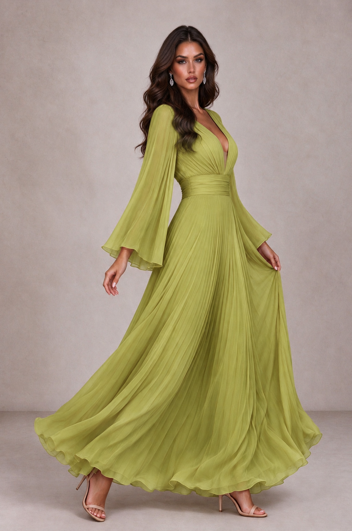 BOLODOO Chartreuse Pleated Deep V-Neck Long Bell Sleeve Evening Dress - Chartreuse - Chartreuse_4