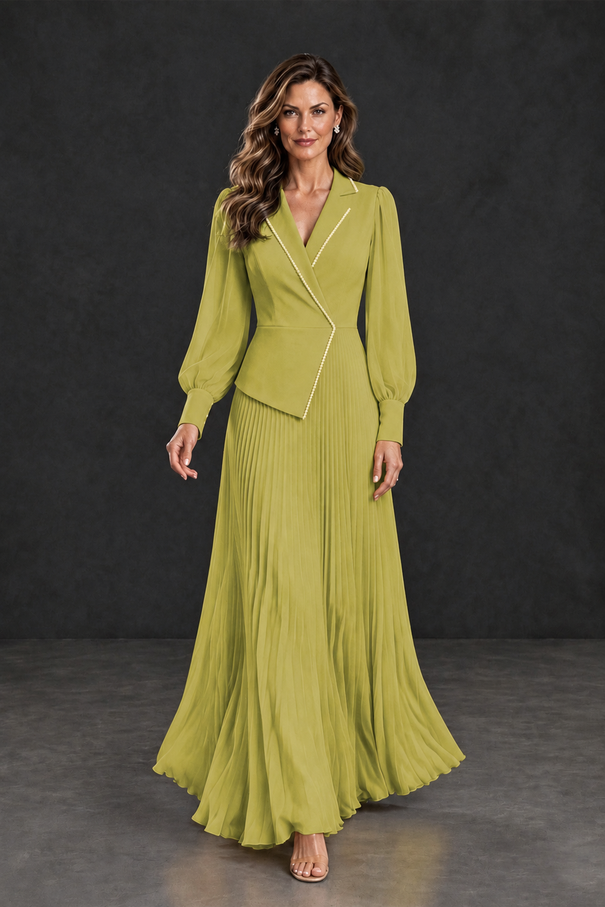 BOLODOO Chartreuse Long Sleeve Pleated Mother of the Bride Dress - Chartreuse - Chartreuse_4