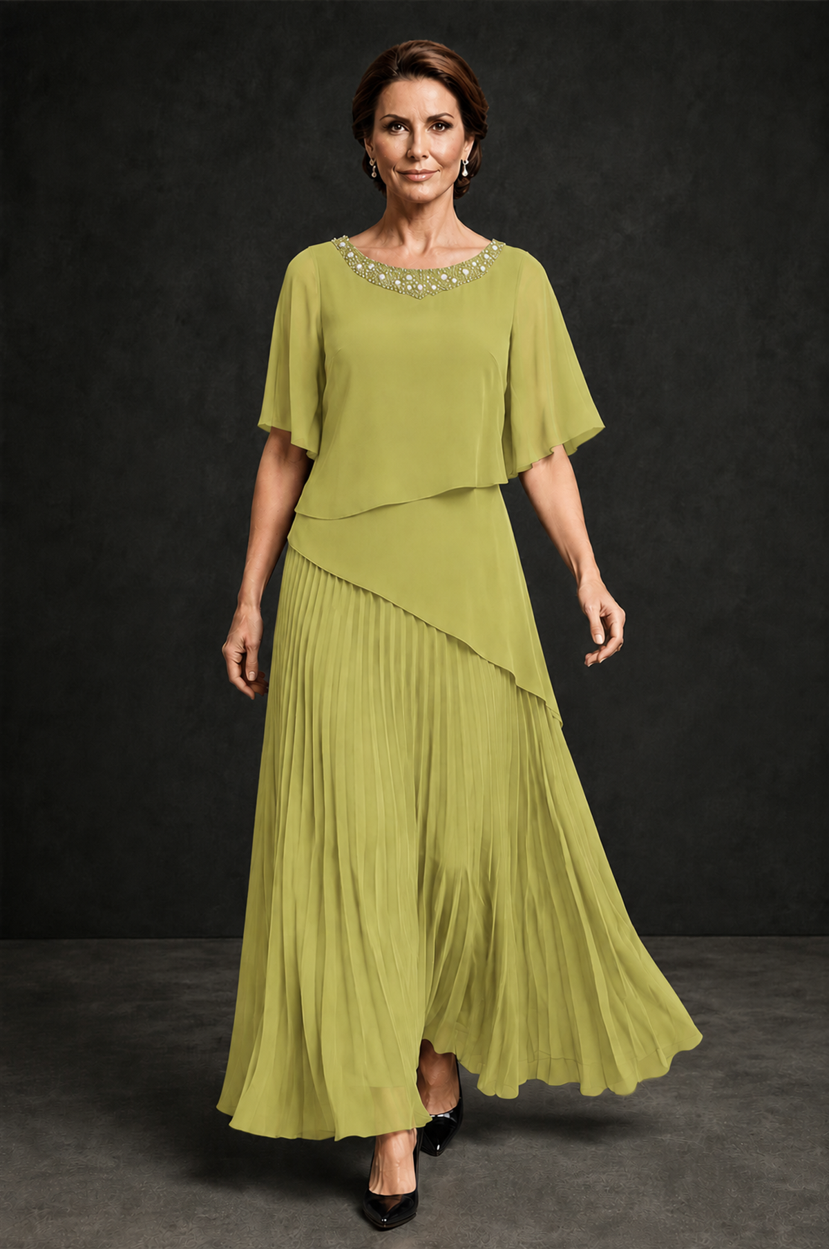 BOLODOO Chartreuse Pearl Beaded Neck Asymmetric Tiered Flutter Sleeve Pleated Chiffon Maxi Dress - Chartreuse - Chartreuse_4
