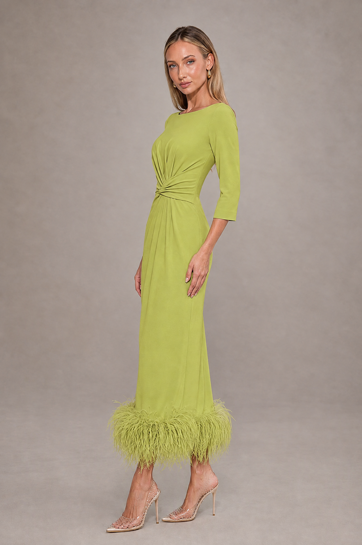 BOLODOO Chartreuse Feather-Trim Twist-Waist Midi Dress - Chartreuse - Chartreuse_4