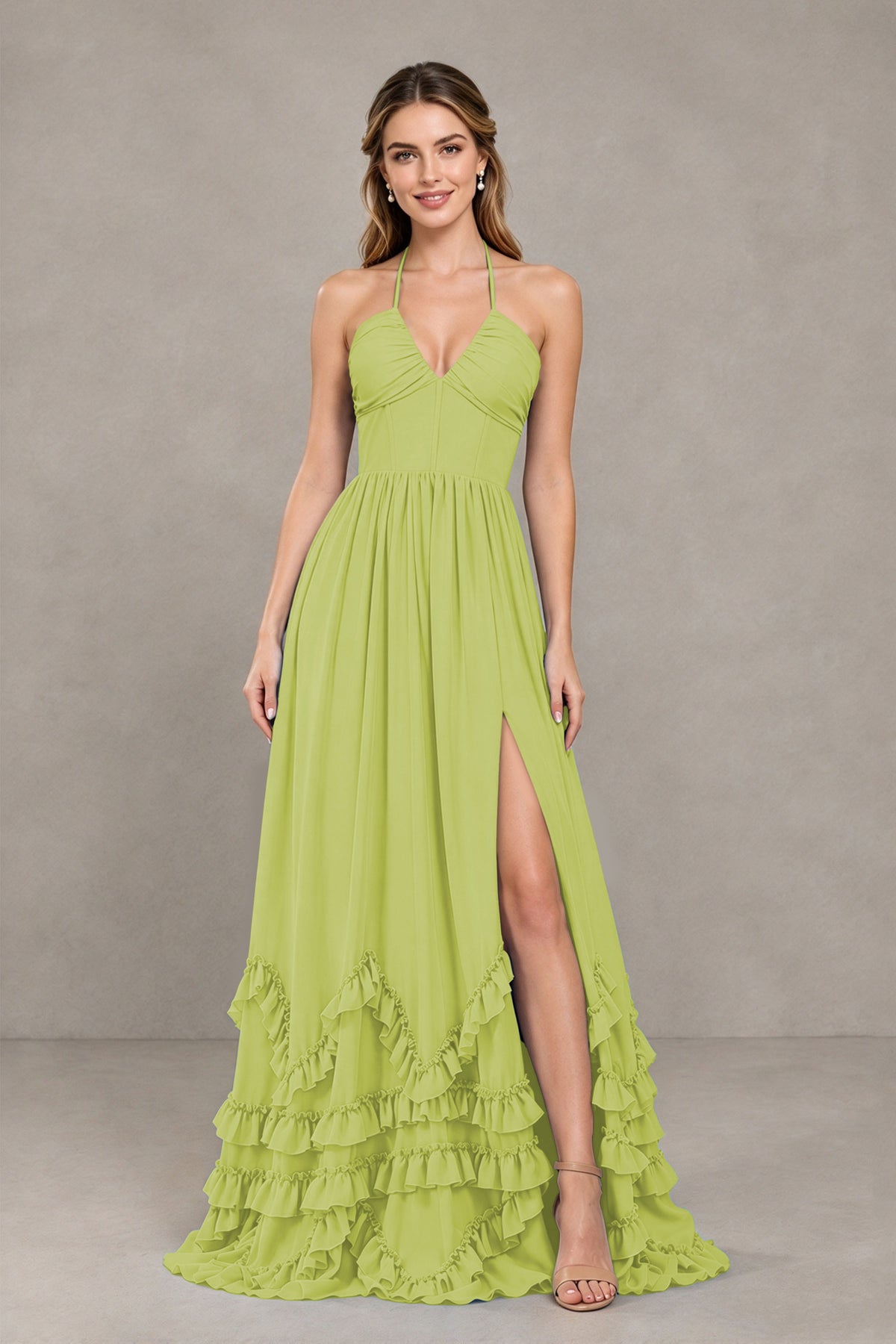 BOLODOO Chartreuse Halter Ruffle Hem A-Line Bridesmaid Dress with High Slit - Chartreuse - Chartreuse(4)