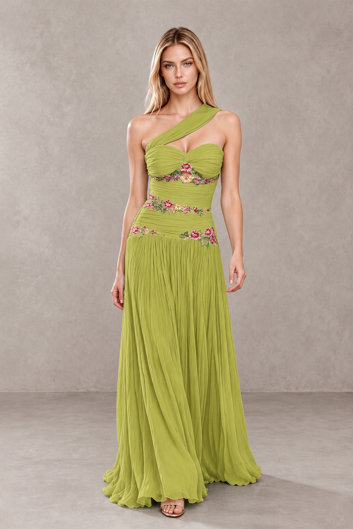 BOLODOO Chartreuse One-Shoulder Floral Applique A-Line Evening Dress - Chartreuse - Chartreuse_4
