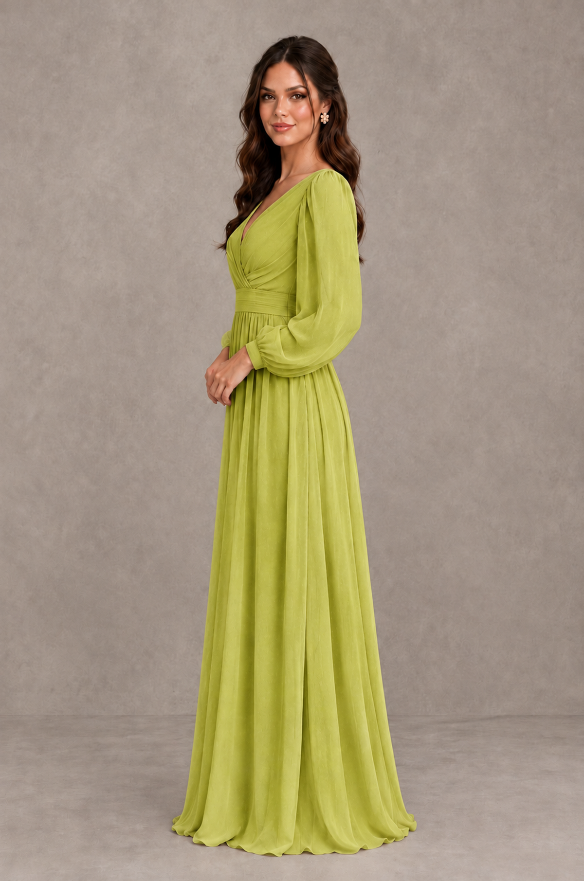 BOLODOO Chartreuse Long Sleeve V-Neck A-Line Bridesmaid Dress - Chartreuse - Chartreuse_4