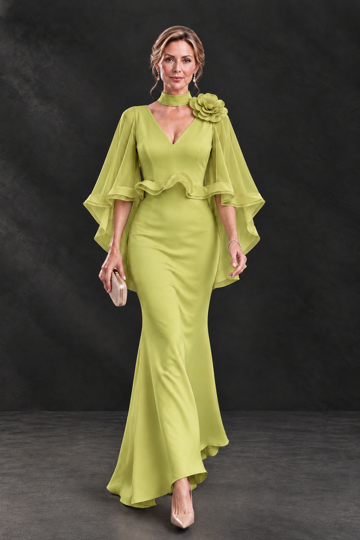 BOLODOO Chartreuse Floral Cape Sleeve Mother of the Bride Dress - Chartreuse - Chartreuse_4