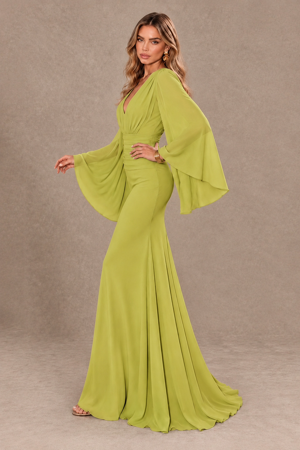 BOLODOO Chartreuse Cape Sleeve V-Neck Ruched Chiffon Evening Dress - Chartreuse - Chartreuse_4