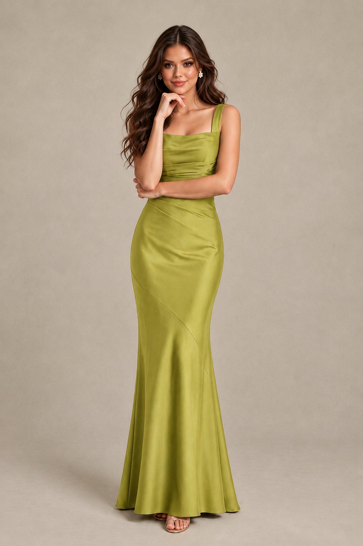 BOLODOO Chartreuse Square Neck Ruched Satin Lace-Up Bridesmaid Dress - Chartreuse - Chartreuse_4