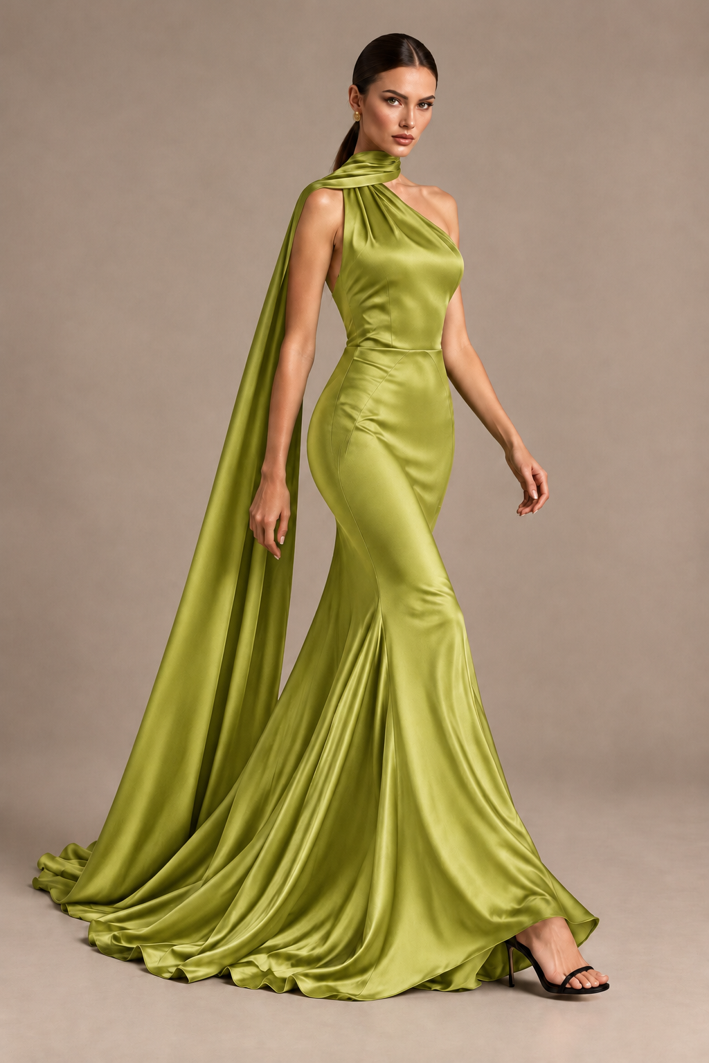 BOLODOO Chartreuse One-Shoulder Satin Mermaid Evening Dress with Scarf - Chartreuse - Chartreuse_4