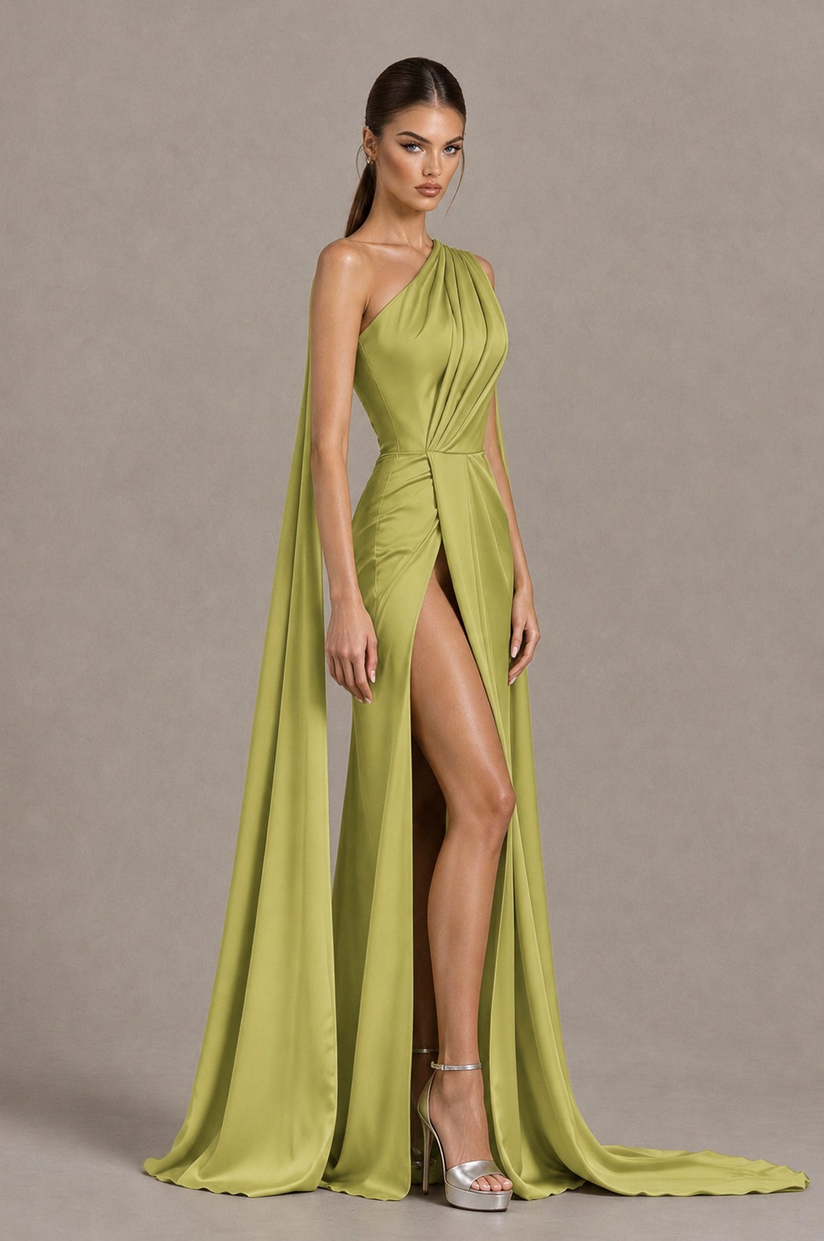BOLODOO Chartreuse One Shoulder Satin Evening Dress with High Slit and Draped Cape Train - Chartreuse - Chartreuse_4