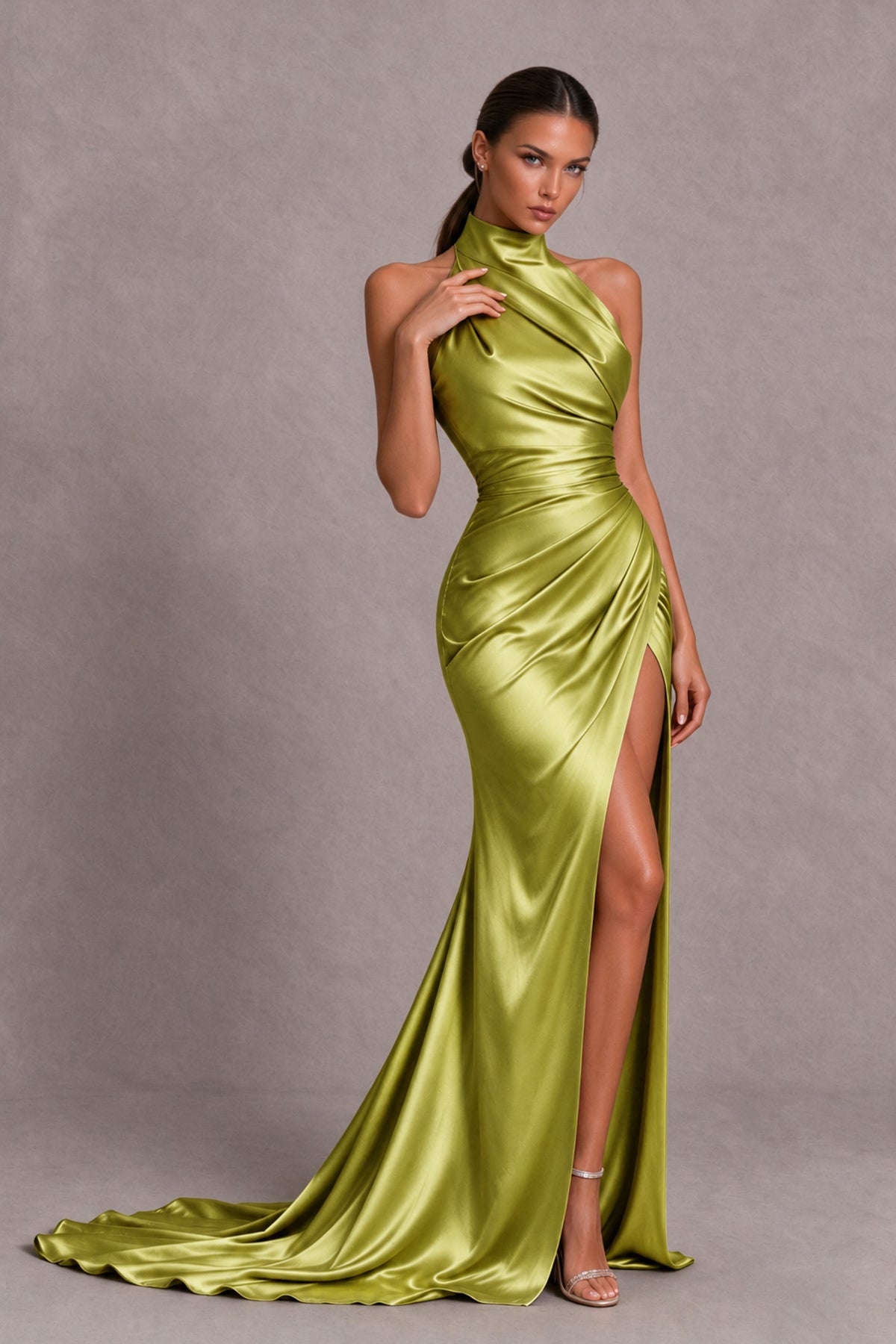 BOLODOO Chartreuse Halter Satin-Look Evening Gown with High Slit - Chartreuse - Chartreuse_4