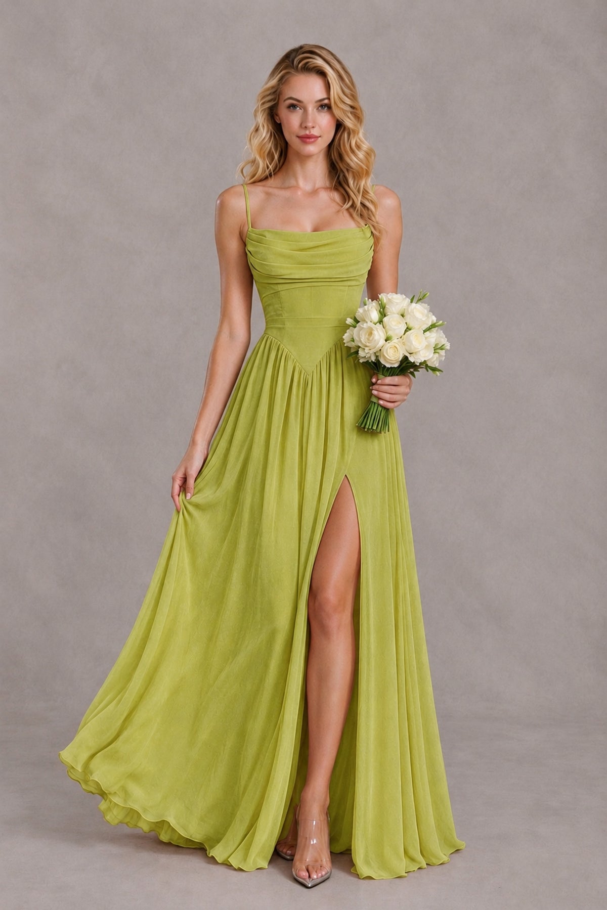 BOLODOO Chartreuse Spaghetti Strap A-Line Bridesmaid Dress with Slit - Chartreuse - Chartreuse_4