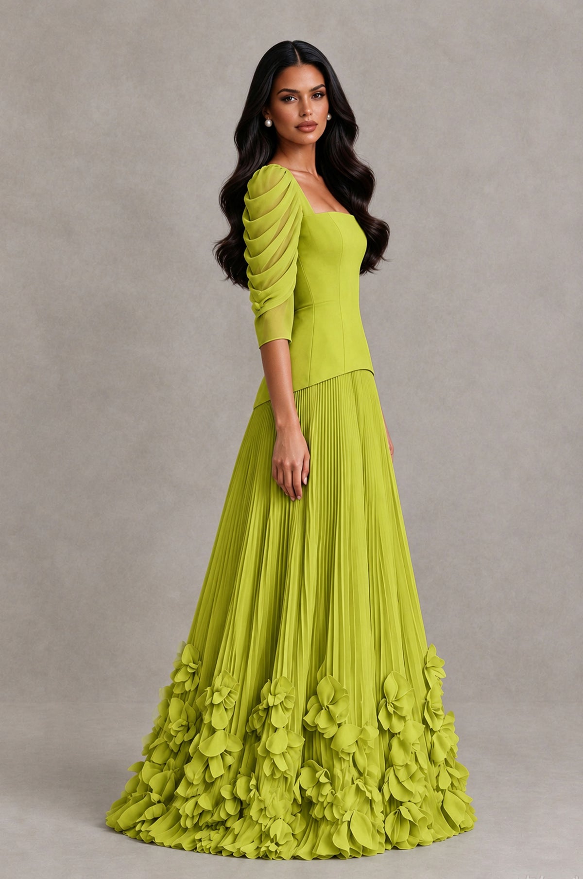 BOLODOO Chartreuse Square Neck Pleated Floral Applique Evening Dress - Chartreuse - Chartreuse_4