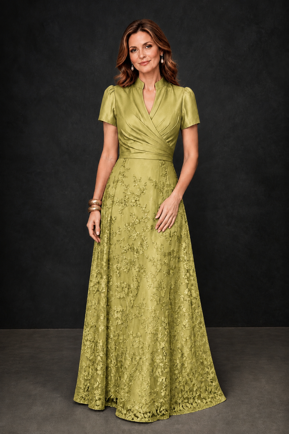 BOLODOO Chartreuse Satin Wrap V-Neck Short Sleeve Lace Glitter A-Line Floor Length Evening Gown – Formal Dress - Chartreuse - Chartreuse_4