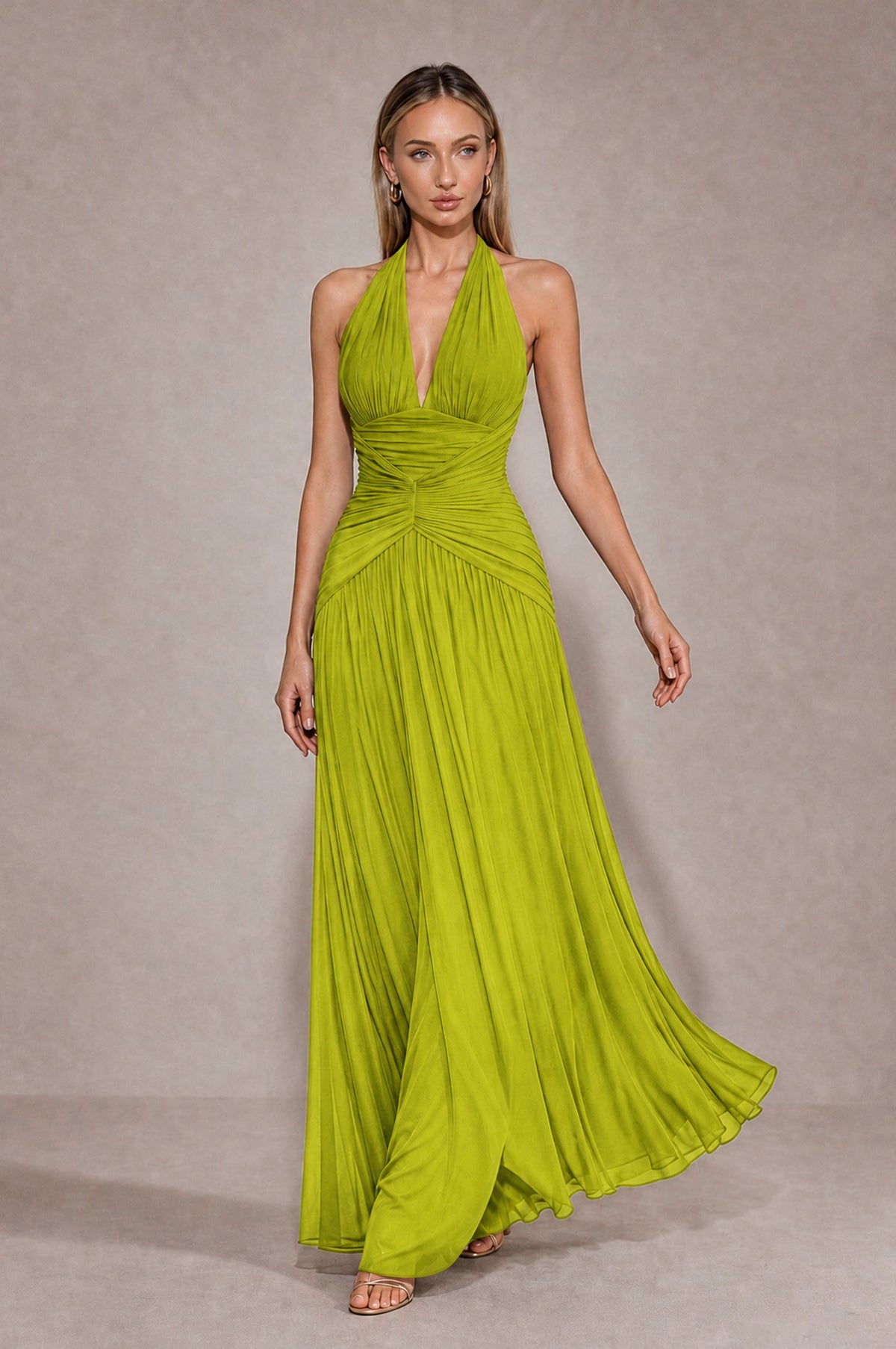 BOLODOO Chartreuse Chiffon Halter Deep V-Neck Ruched A-Line Backless Maxi Dress with Train-BD0167 - Chartreuse - Chartreuse_4
