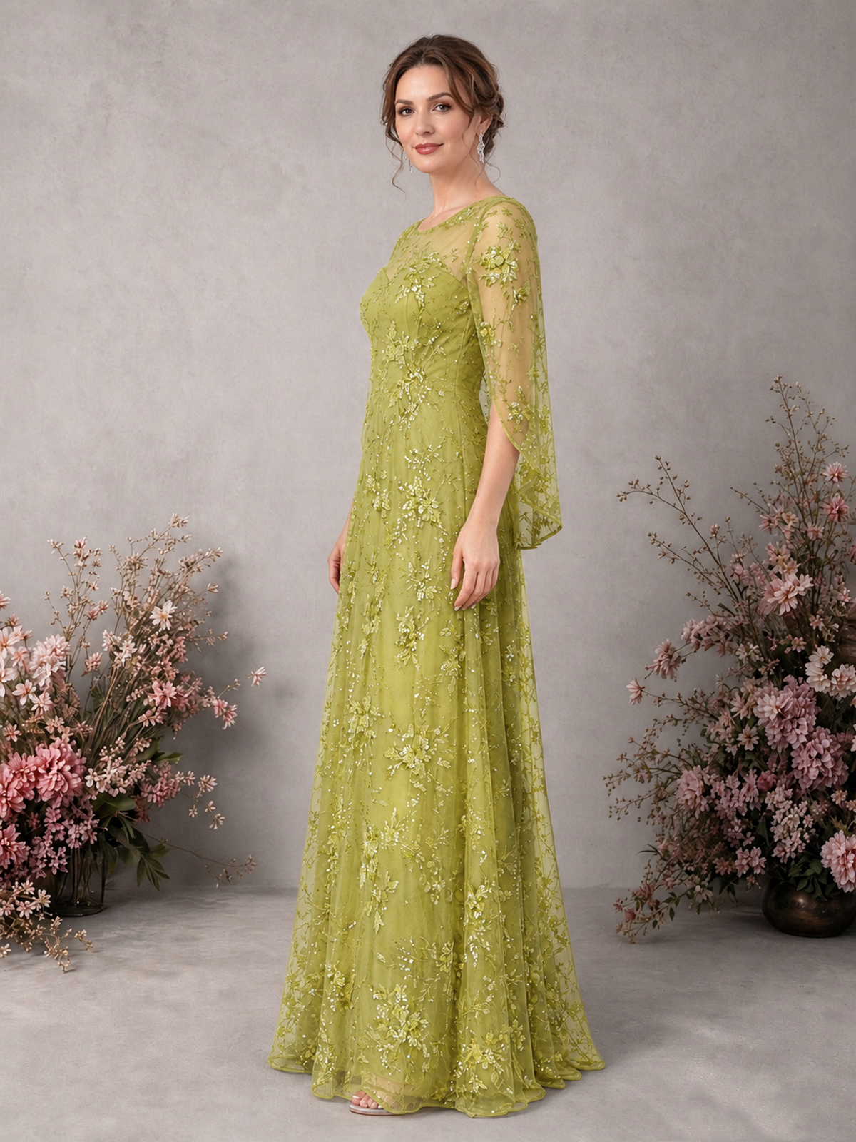 BOLODOO Chartreuse Sequin Lace Cape Sleeve Formal Evening Gown - Chartreuse - Chartreuse_4