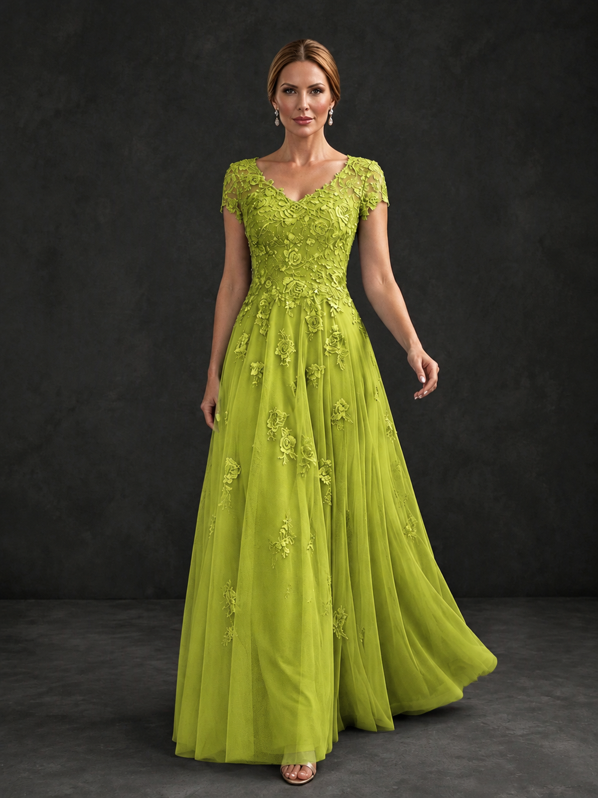 BOLODOO Chartreuse Cap Sleeve Lace Appliqué A-Line Formal Gown | Mother of the Bride Dress - Chartreuse - Chartreuse_4
