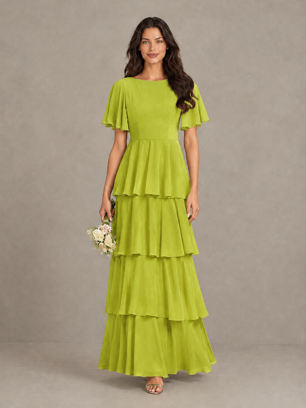 BOLODOO Chartreuse Tiered Flutter Sleeve Bridesmaid Dress - Chartreuse - Chartreuse_4