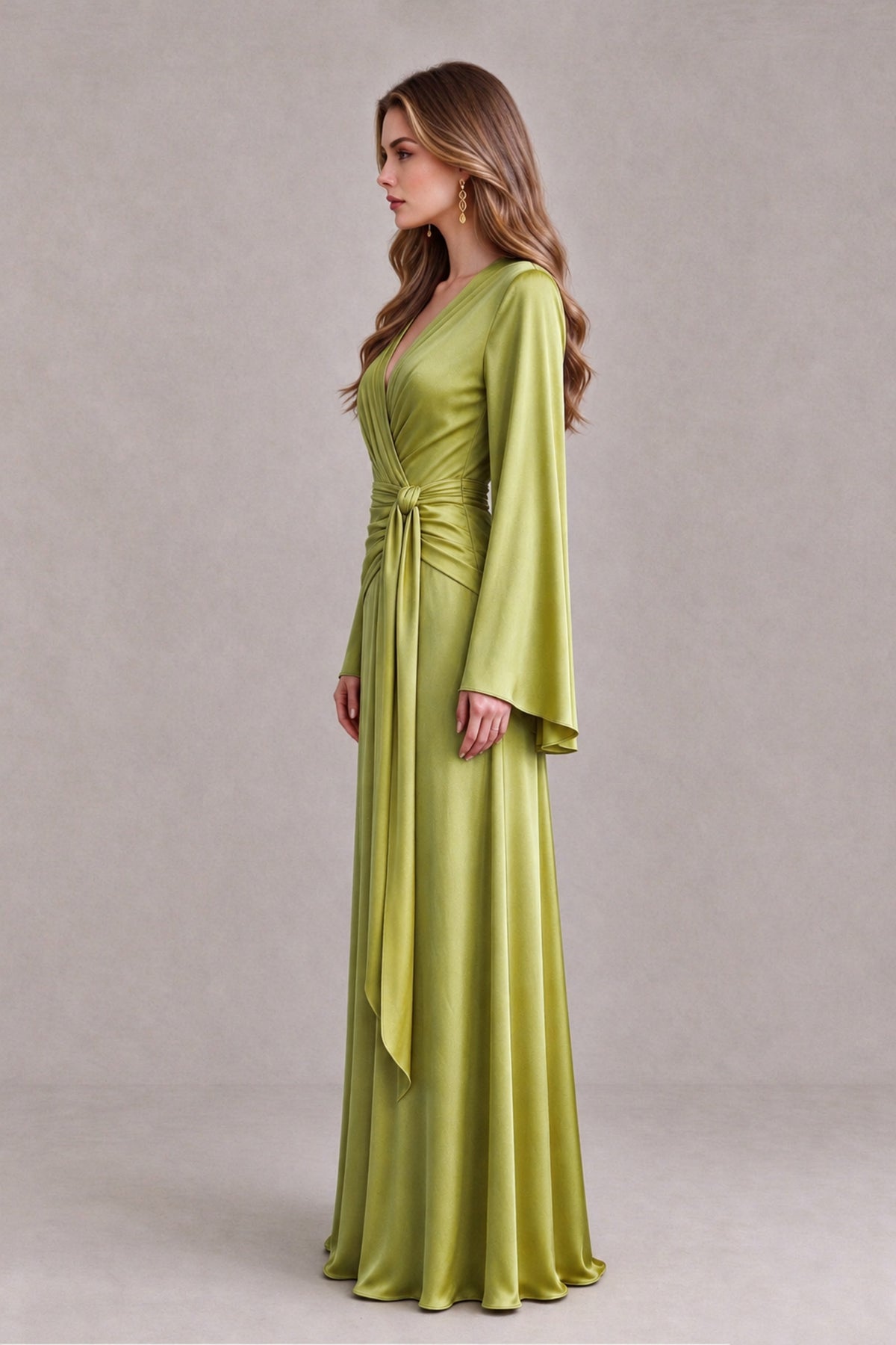 BOLODOO Chartreuse Yellow Satin-Look V-Neck Long Bell Sleeve Evening Dress - Chartreuse - Chartreuse_4