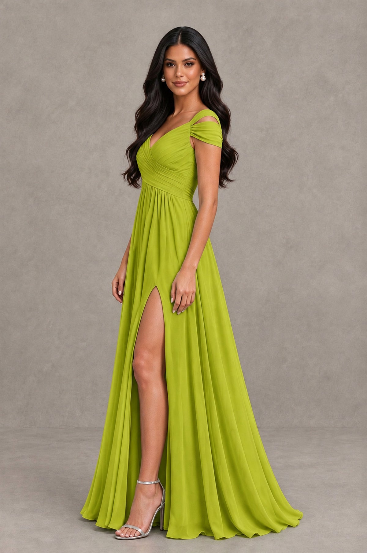 BOLODOO Chartreuse Cold Shoulder Chiffon Evening Dress with V Neck and High Slit - Chartreuse - Chartreuse_4
