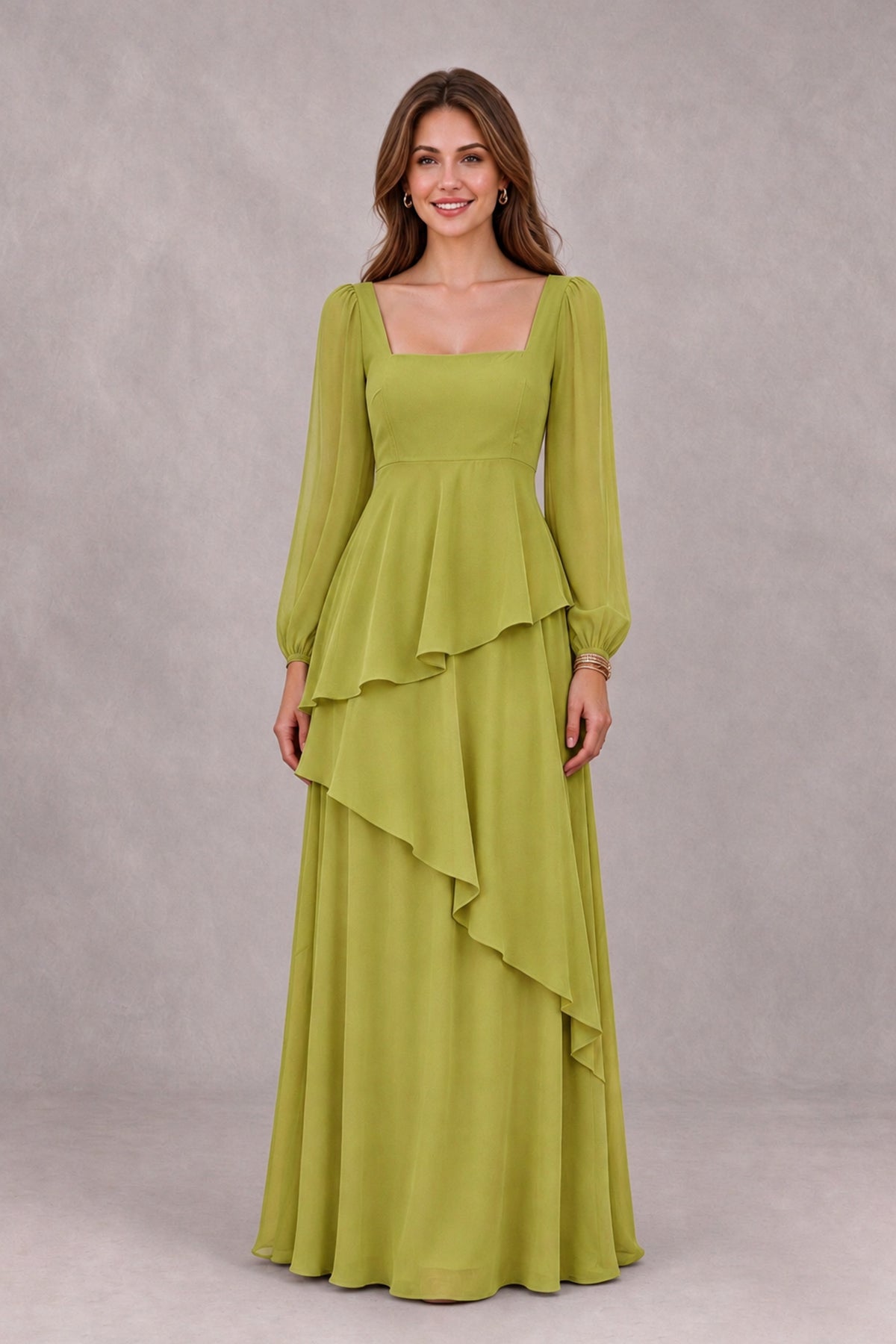 BOLODOO Chartreuse Long Sleeve Ruffle Bridesmaid Dresses - Chartreuse - Chartreuse_4