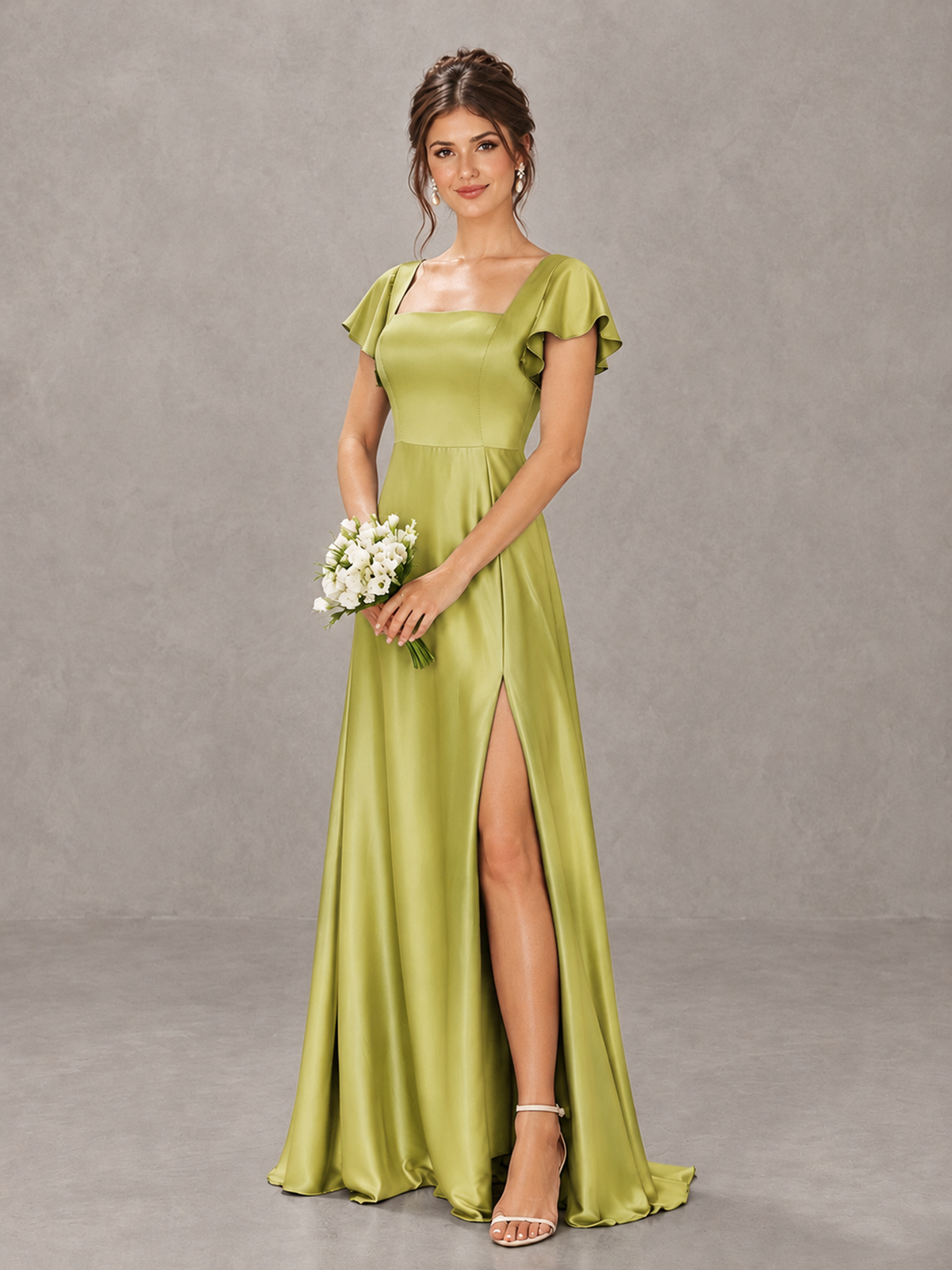 BOLODOO Chartreuse Satin Square Neck Flutter Sleeve A-Line Bridesmaid Dress with Slit - Chartreuse - Chartreuse_4