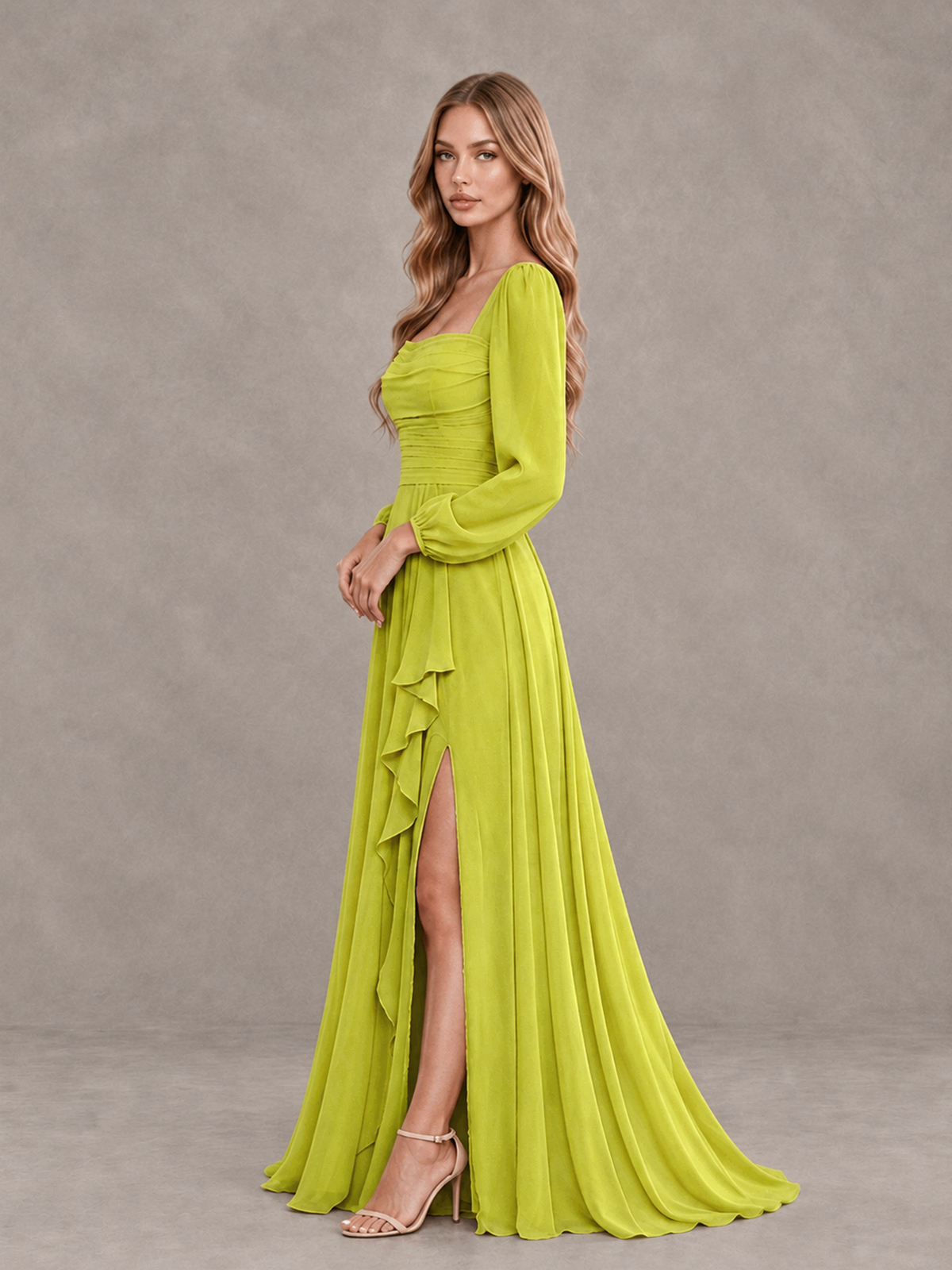 BOLODOO Chartreuse Square Neck Long Sleeve Bridesmaid Dress with Ruffle Slit - Chartreuse - Chartreuse_4