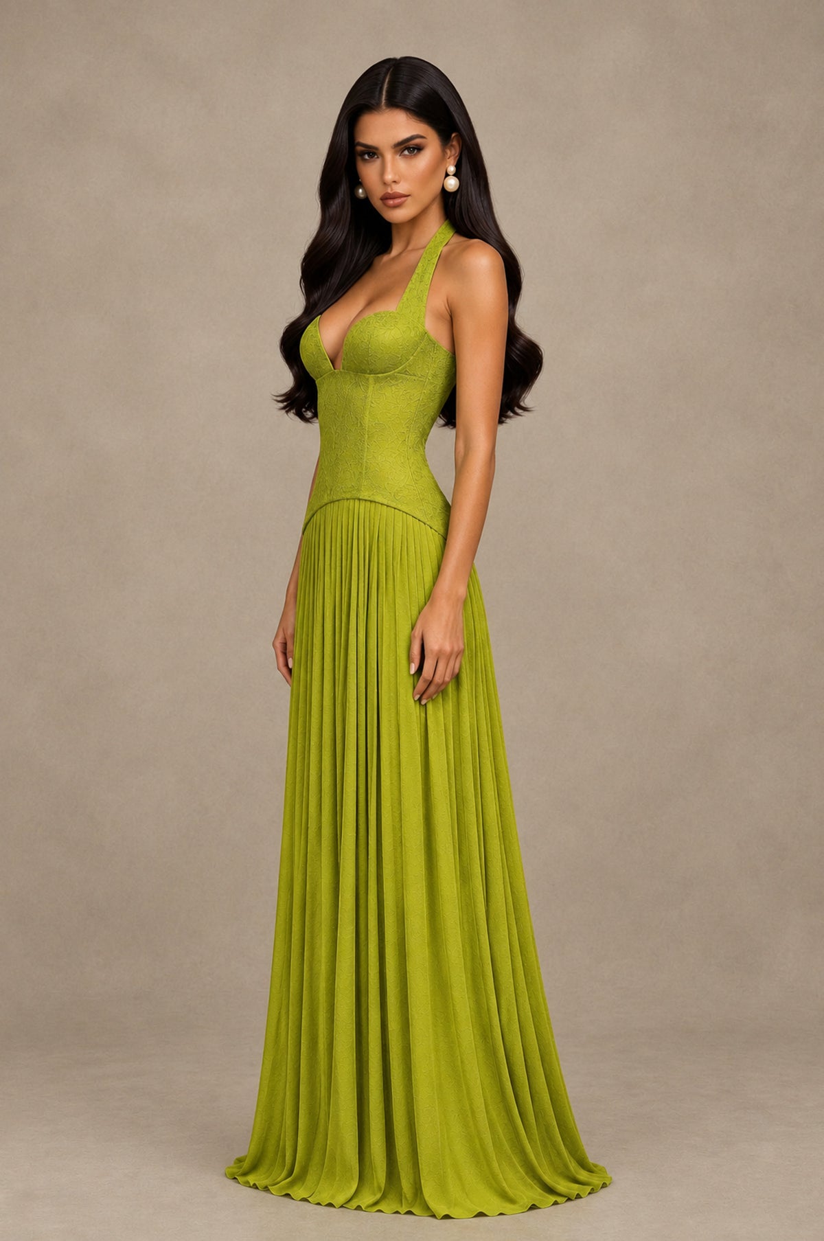 BOLODOO Chartreuse Halter Corset Pleated A-Line Evening Dress - Chartreuse - Chartreuse_4