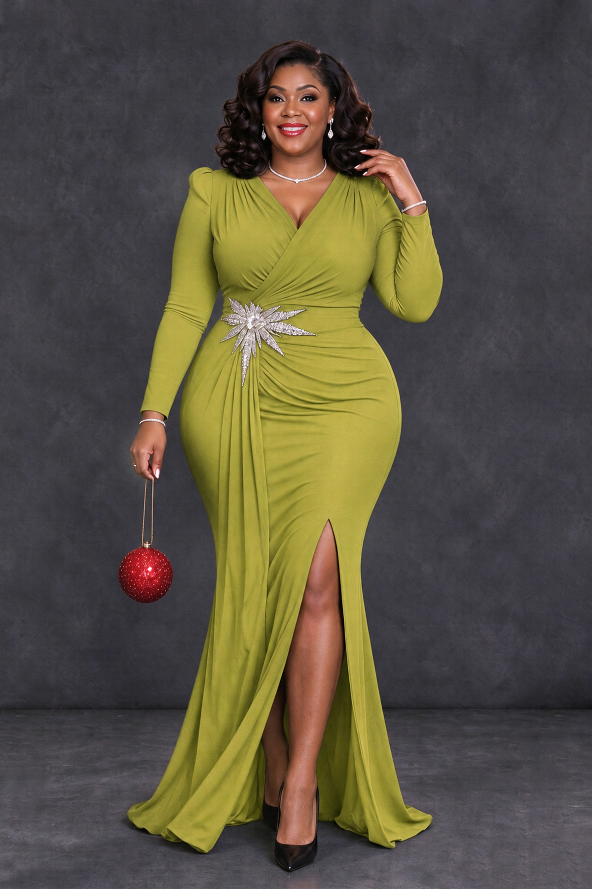 BOLODOO Chartreuse Plus Size Long Sleeve V-Neck Mother of the Bride Dress with Slit - Chartreuse - Chartreuse_4
