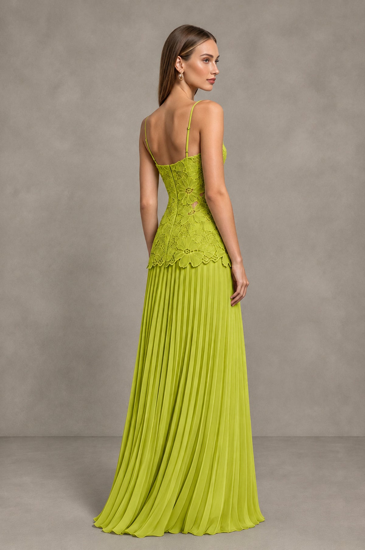 BOLODOO Chartreuse Lace Bodice Pleated Wedding Guest Dress - Chartreuse - Chartreuse_4