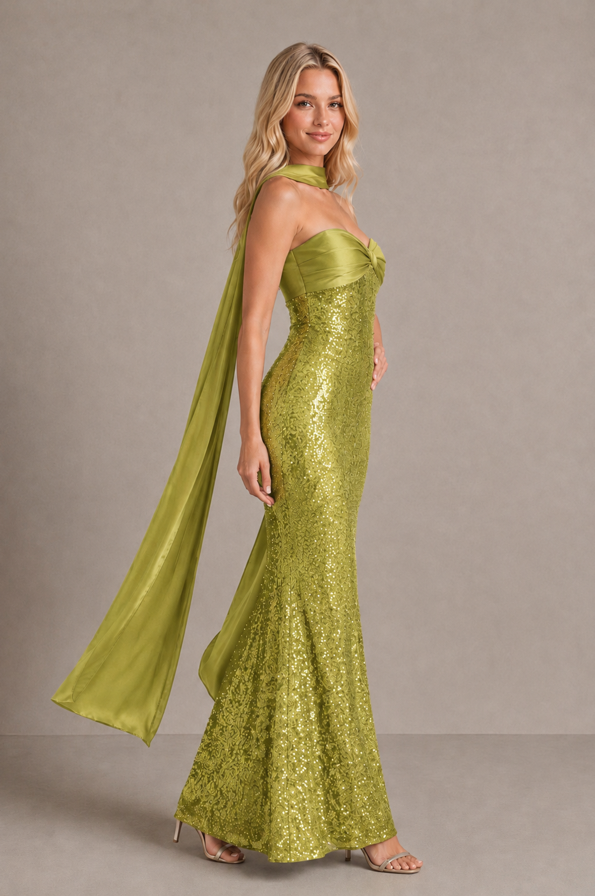 BOLODOO Chartreuse Strapless Sweetheart Evening Dress with Scarf - Chartreuse - Chartreuse_4