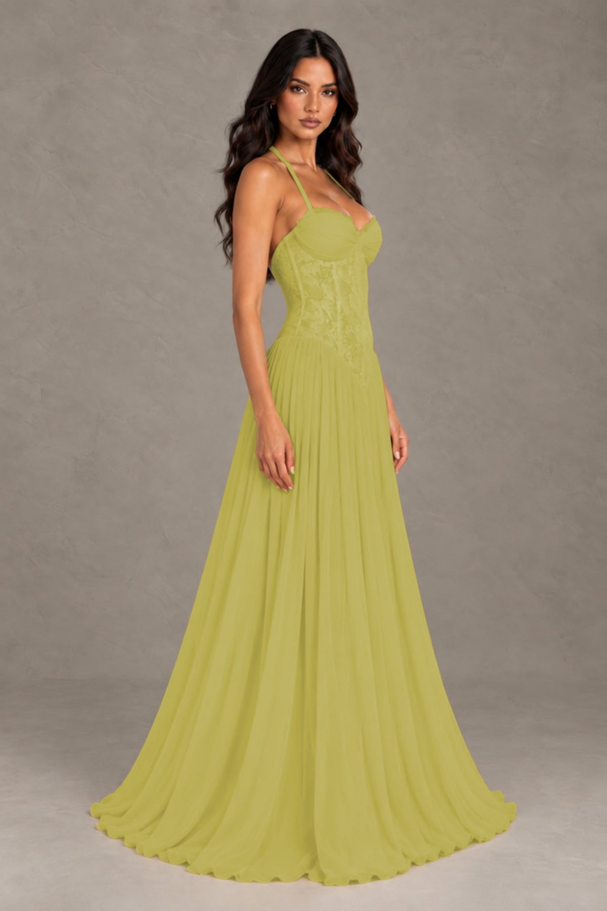 BOLODOO Chartreuse Lace Corset Halter Maxi Gown – Backless A-Line Formal Dress - Chartreuse - Chartreuse(4)
