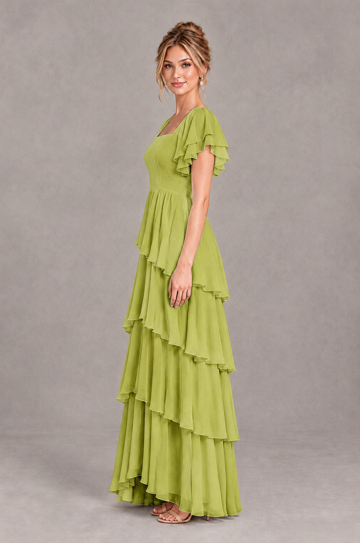 BOLODOO Chartreuse Square Neck Flutter Sleeve Tiered Chiffon Bridesmaid Dress with Lace-Up Back - Chartreuse - Chartreuse_4