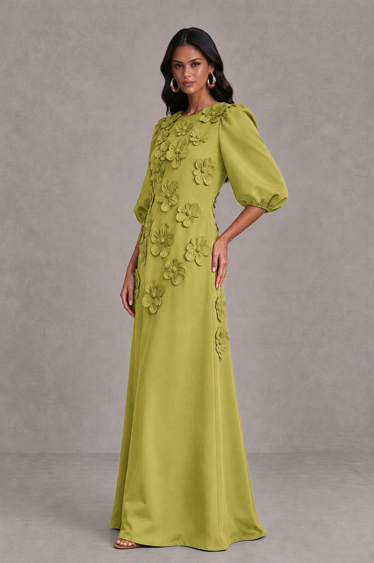 BOLODOO Chartreuse Floral Applique Puff Sleeve A-Line Evening Dress - Chartreuse - Chartreuse_4