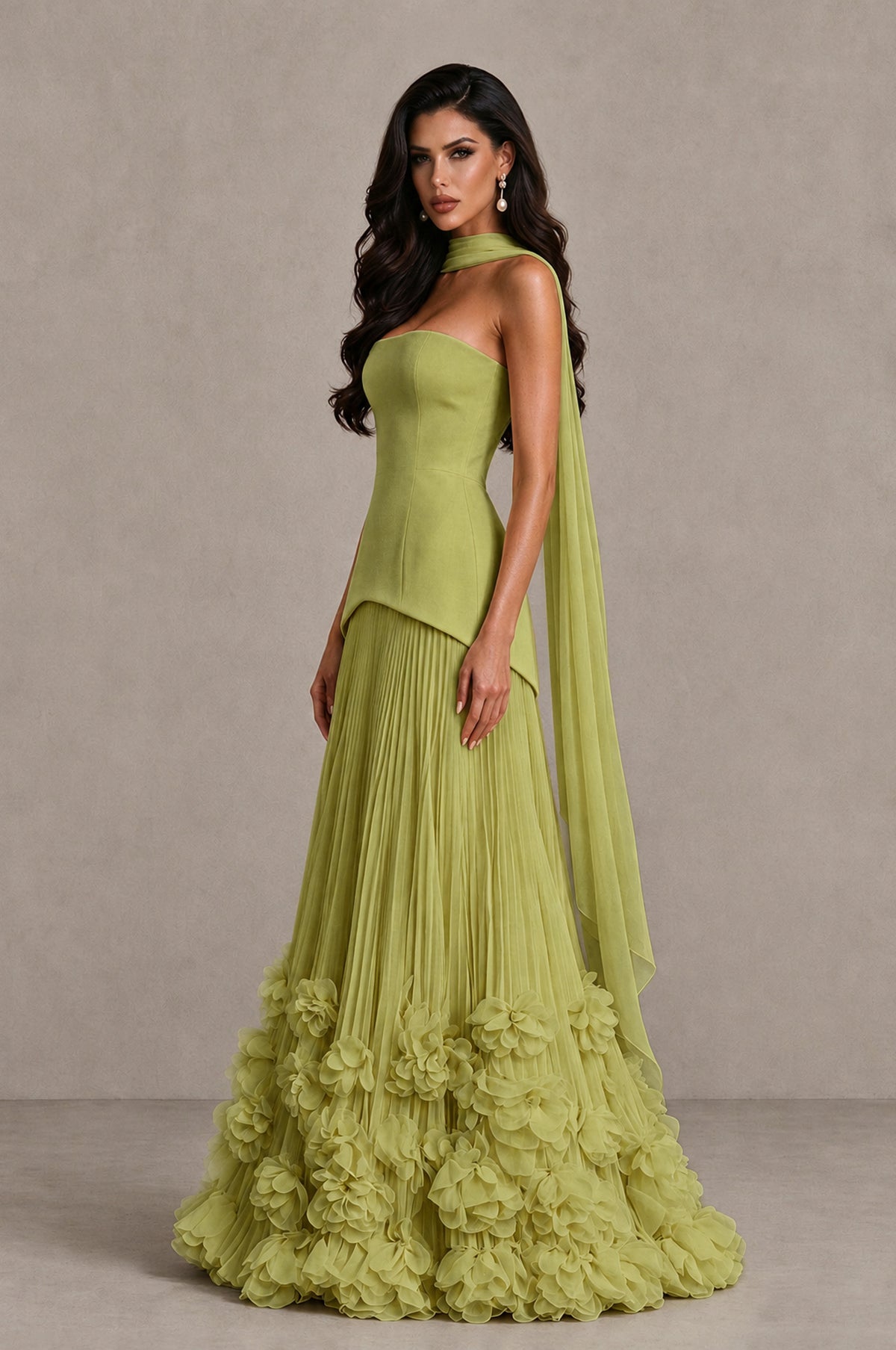 BOLODOO Chartreuse Strapless Pleated Floral Hem Evening Gown - Chartreuse - Chartreuse_4