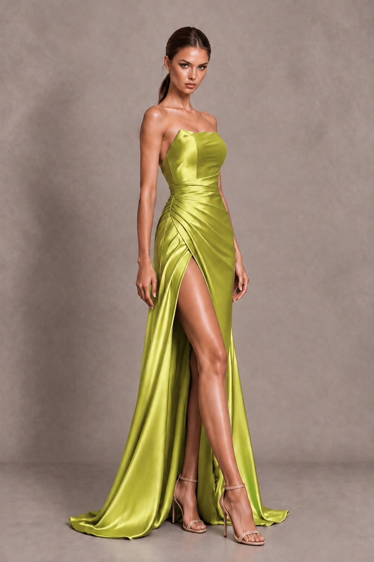 BOLODOO Chartreuse Strapless Ruched Satin-Look Evening Dress with High Slit - Chartreuse - Chartreuse_4