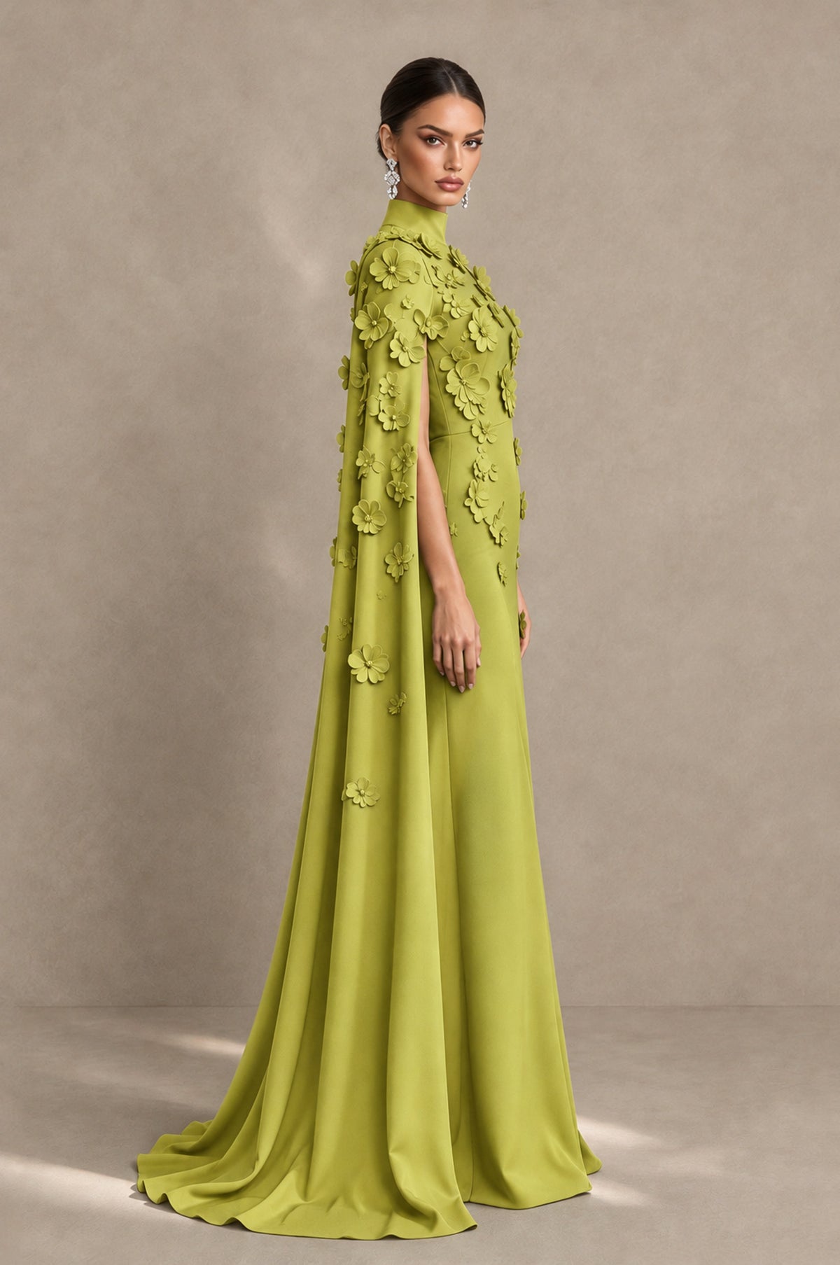 BOLODOO Chartreuse 3D Floral Applique Cape Formal Dress - Chartreuse - Chartreuse_4