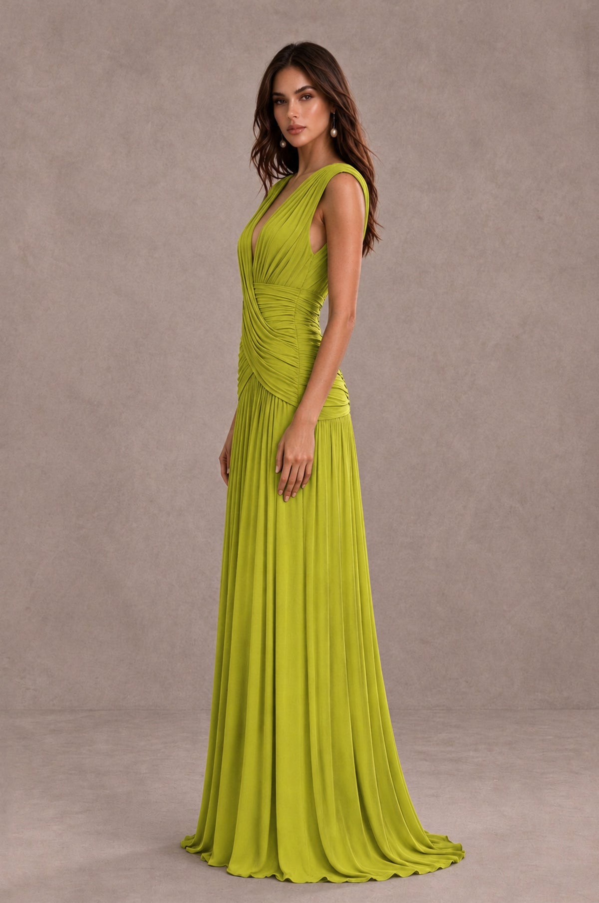 BOLODOO Chartreuse V-Neck Ruched Wedding Guest Dress - Chartreuse - Chartreuse_4