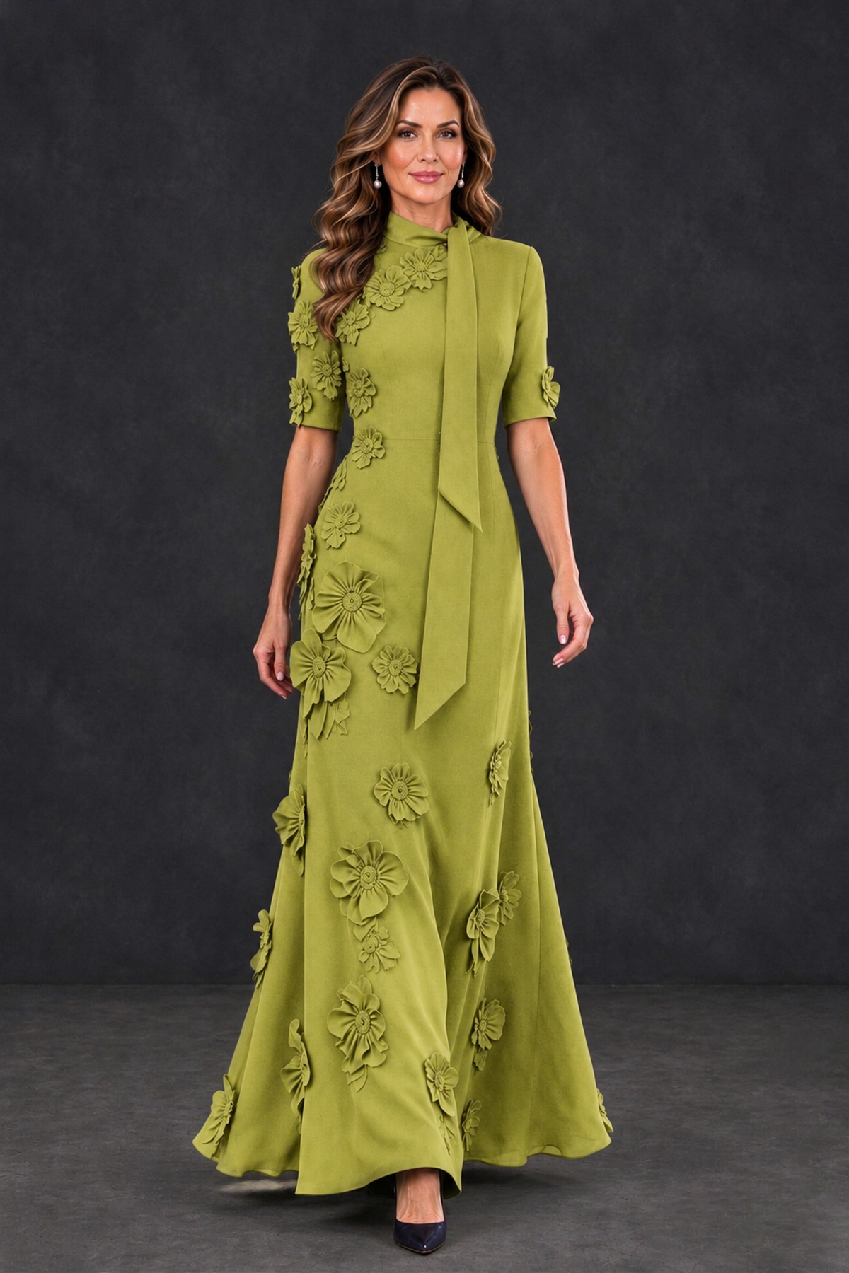 BOLODOO Chartreuse Floral Applique High-Neck Half-Sleeve Gown - Chartreuse - Chartreuse_4
