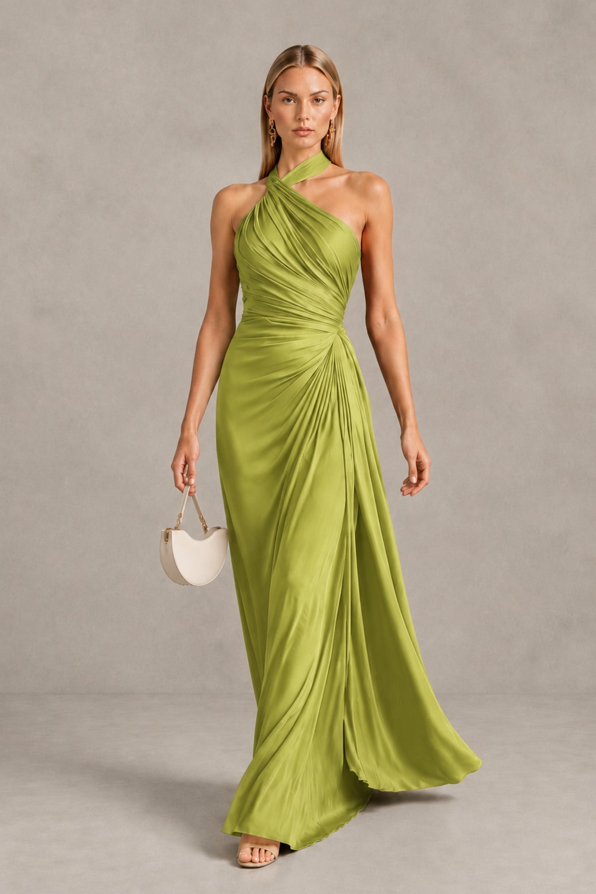 BOLODOO Chartreuse Twisted Halter Neck Ruched Sleeveless Open Back Floor-Length Gown - Chartreuse - Chartreuse_4