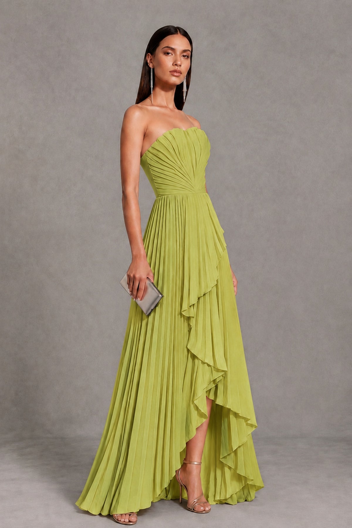 Chartreuse Strapless Pleated High-Low Evening Gown with Ruffle Hem - Chartreuse - Chartreuse_4