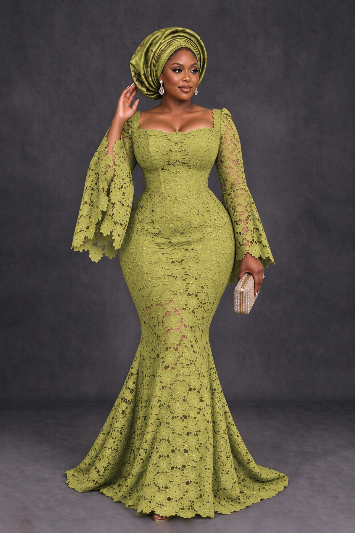 BOLODOO Chartreuse African Lace Mermaid Dress, Plus Size Nigerian Wedding Guest Gown with Bell Sleeves - Chartreuse - Chartreuse_4