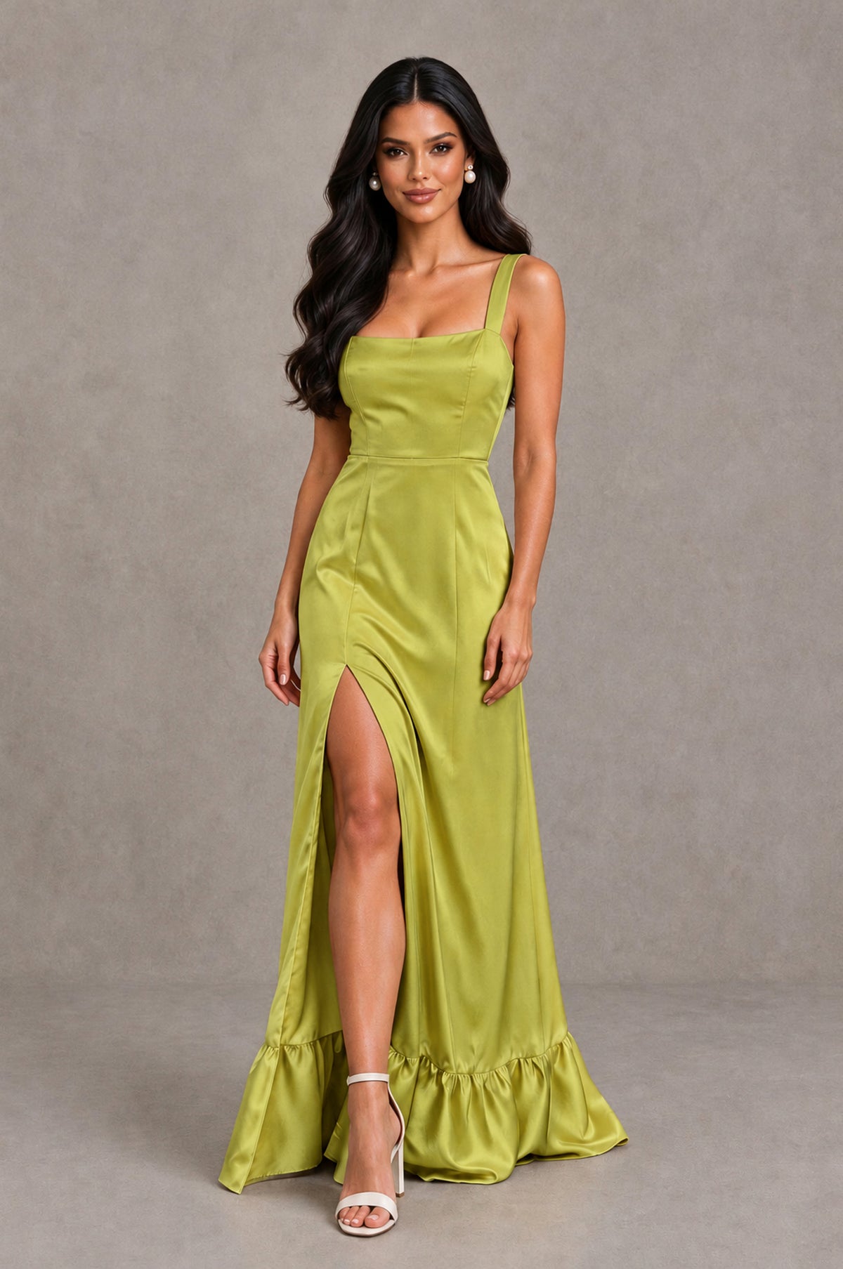BOLODOO Chartreuse Square Neck Satin Evening Dress with Lace-Up Back and High Slit - Chartreuse - Chartreuse_4