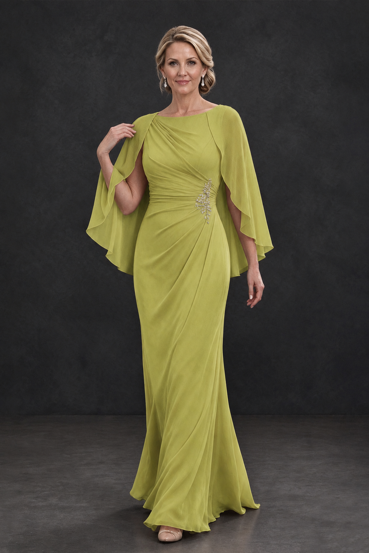 BOLODOO Chartreuse Cape Sleeve Mother of the Bride Dress with Ruched Waist - Chartreuse - Chartreuse_4