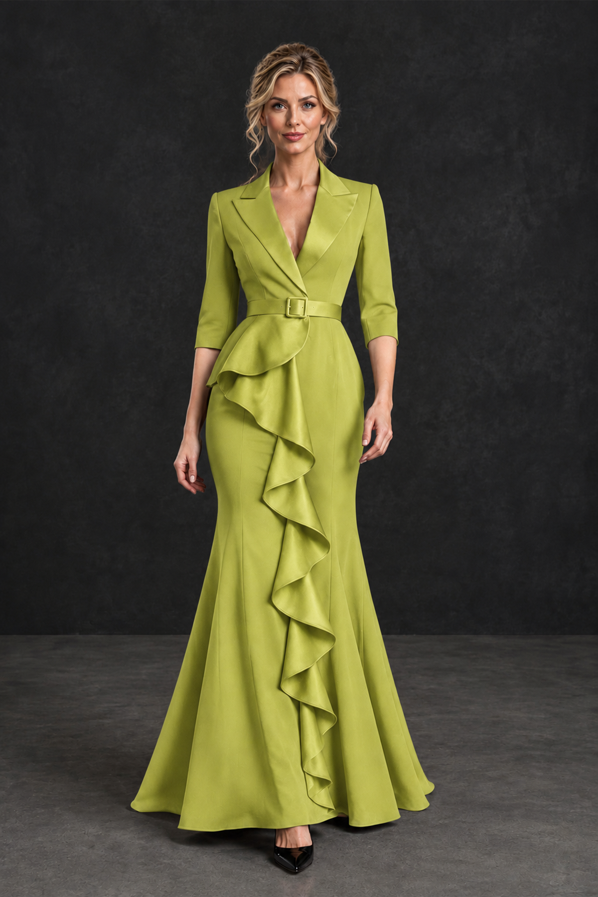 BOLODOO Chartreuse Lapel Ruffle Mother of the Bride Dress with Belt - Chartreuse - Chartreuse_4