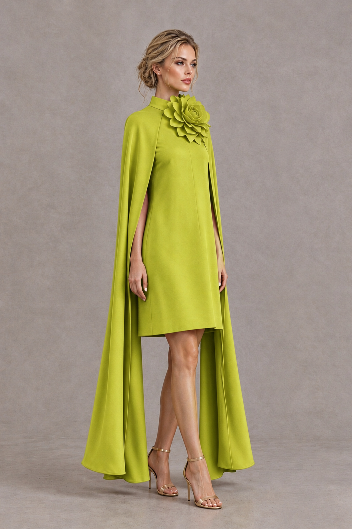 BOLODOO Chartreuse High Neck Floral Cape Mini Cocktail Dress - Chartreuse - Chartreuse_4