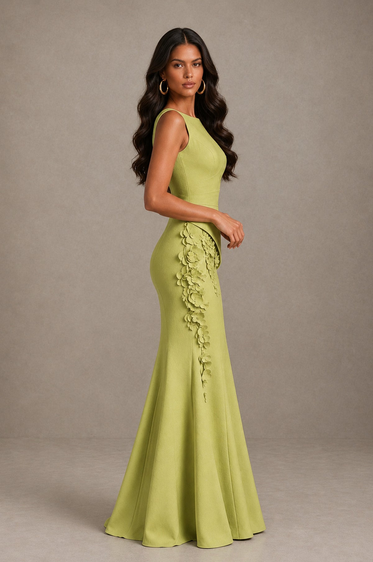 BOLODOO Chartreuse Bateau Neck Sleeveless Asymmetric Peplum 3D Petal Appliqué Mermaid Gown BD0421 - Chartreuse - Chartreuse_4