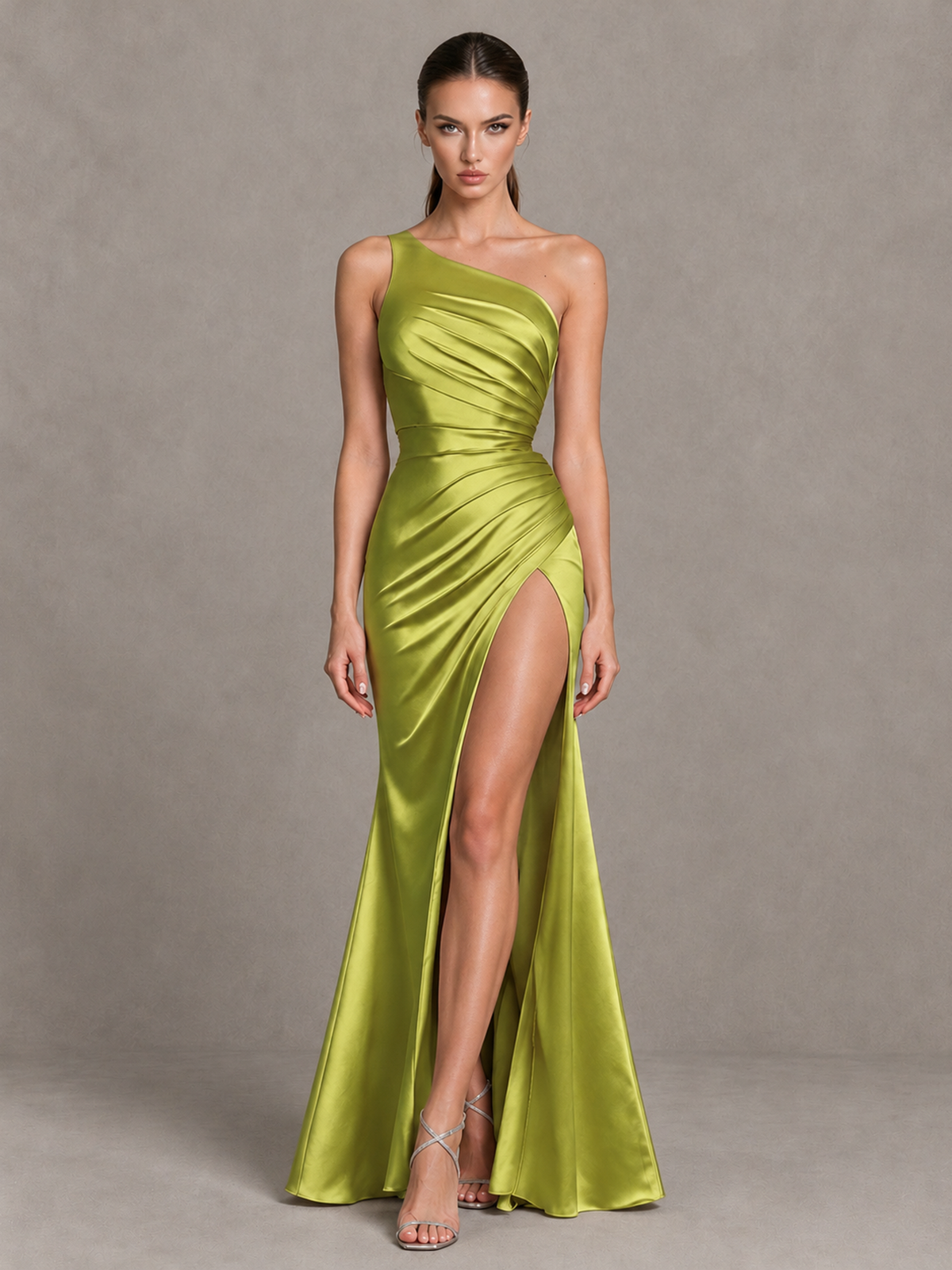 BOLODOO Chartreuse One-Shoulder Ruched Satin-Look Evening Gown with High Slit - Chartreuse - Chartreuse_4