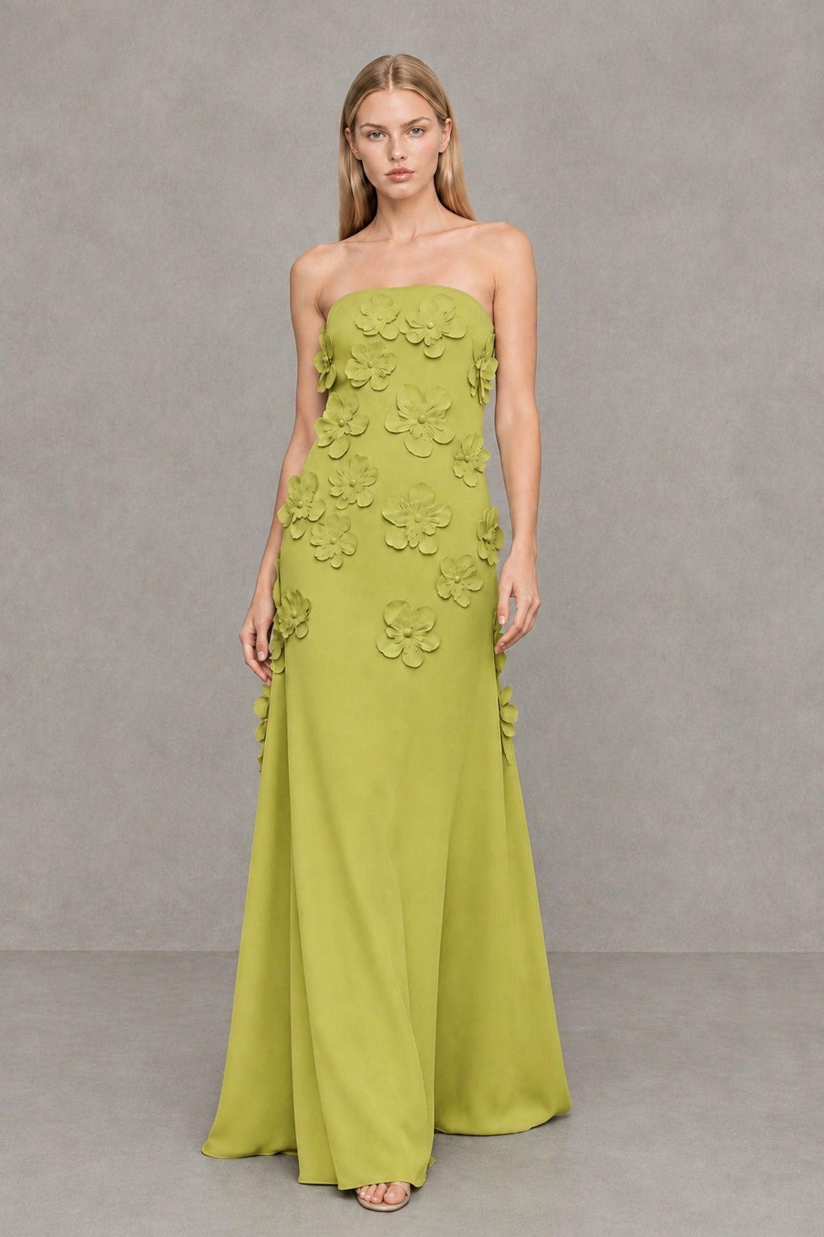 BOLODOO Chartreuse Strapless 3D Floral Appliqué Crepe Maxi Gown - Chartreuse - Chartreuse_4