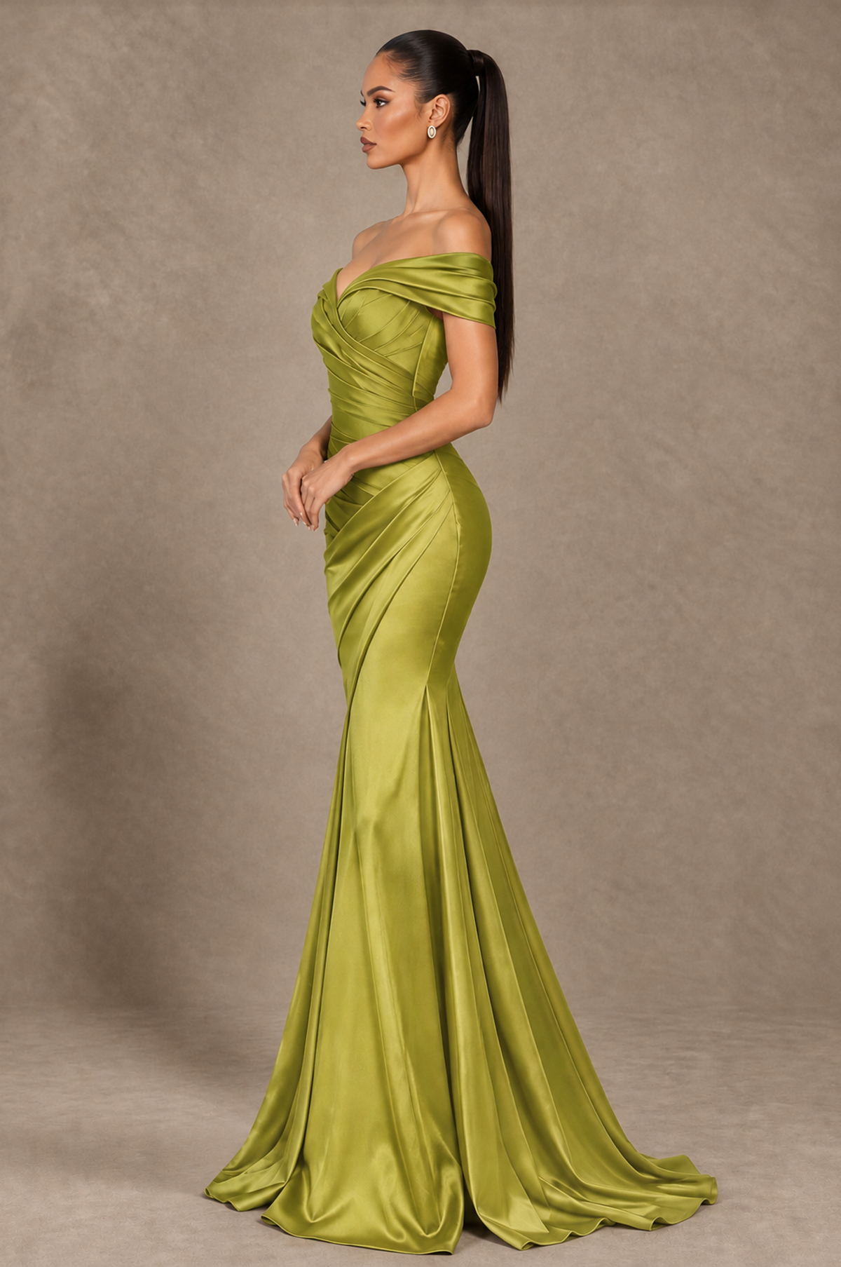 BOLODOO Chartreuse Off-the-Shoulder Ruched Satin Mermaid Evening Dress - Chartreuse - Chartreuse_4